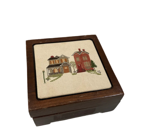 Small Wooden Box With Needlepoint House Design