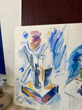 Cool Toned Watercolor Still Life Painting of Bedside Table