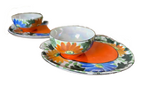 Pair of Orange and Blue Ceramic Plates and Teacups