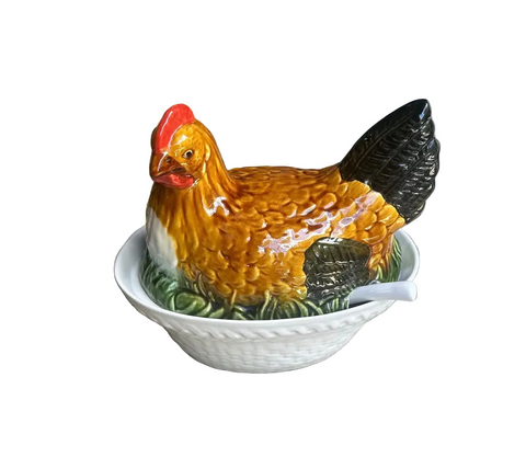 Majolica Style Hen Tureen With Ladle