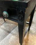 Simple Black Vintage Desk on Wheels With Turquoise and Silver Knobs