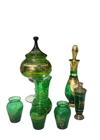 Collection of Venetian Green Glass Serving Pieces With Gold Accents