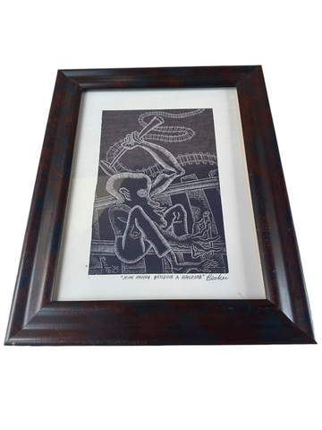 African Black and White Print in Wooden Framed, Signed by Artist
