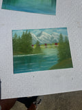 Riverside and Mountains Landscape Painting With Colorful Bushes on Canvas
