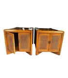 Pair of Wooden Mid-Century End Tables With Caned Accents and Deep Storage