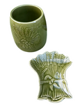 Pair of Green Ceramic Wheat Catchall and Tray