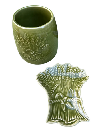 Pair of Green Ceramic Wheat Catchall and Tray