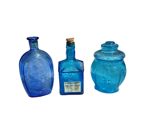 Trio of Blue Glass Jars and Bottles
