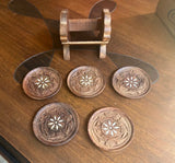 Collection of Hand Carved Wooden Coasters With Holder