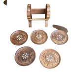Collection of Hand Carved Wooden Coasters With Holder