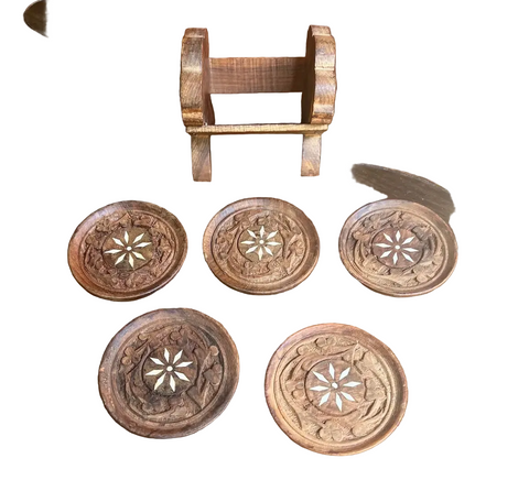 Collection of Hand Carved Wooden Coasters With Holder