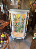 Vintage White Wooden Short Light Up Glass Display Cabinet With Tropical Wallpaper Background