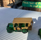Collection of Green Glass Avon Bottle Cars- Set of 3