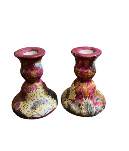 Pair of Dark Pink Floral Ceramic Candlestick Holders