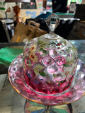 Beautiful Pink Glass Cake Cover and Plate with Floral Accents