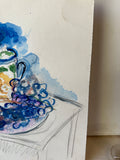 Cool Toned Watercolor Still Life Painting of Bedside Table