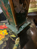 Vintage Asian Green Metal Lamp with Red Figure Accents- Condition Issues