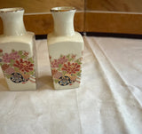 Miniature Pair of Small White Ceramic Asian Vases With Floral Accents