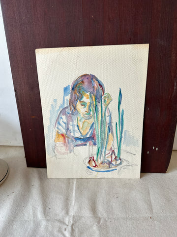 Abstract Watercolor Painting of a Girl and a Plant