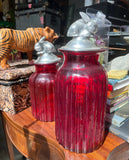 Pair of Red Glass Jars With Silver Bunny Lids