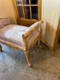 Mid Century Gold Wooden Bench With a Pink Patterned Cushion