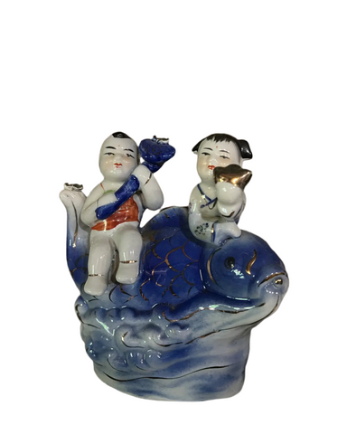 Blue and White Asian Children Ceramic Sculpture