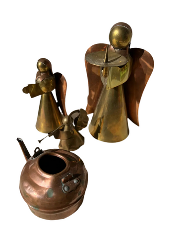 Collection of Copper Angel Figure Candleholders and Decorative Teapot