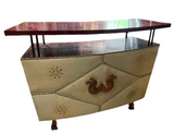 Large Wooden Camel Footed Bar With Shelves and a Drawer