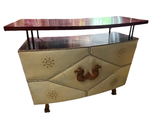 Large Wooden Camel Footed Bar With Shelves and a Drawer