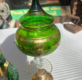 Collection of Venetian Green Glass Serving Pieces With Gold Accents