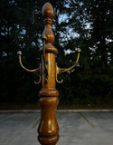 Vintage MCM Tall Wooden Coat Rack With Brass Hooks