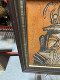 Vintage Orange Asian Painting in Wooden Frame