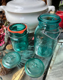 Pair of Teal Blue Glass Vintage Ball Jars With Lids