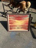 Vintage Seascape Sunset Painting on Canvas, Framed