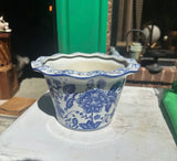 1970s Blue and White Floral Ceramic Planter