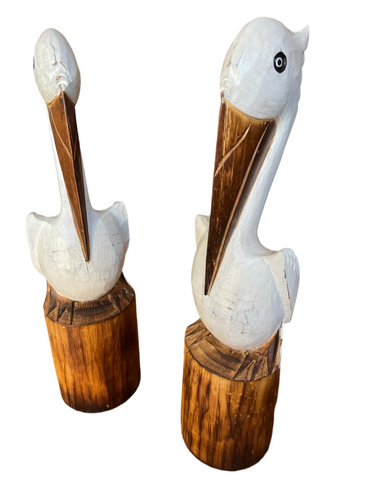 Pair of Wooden Painted Pelican Sculptures