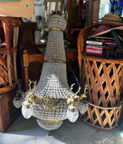 Vintage Extra Large Gold and Crystal Deer Head 18-Light Chandelier