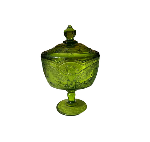 Green Glass Eagle Pedestal Dish With Matching Lid