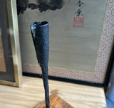 Vintage Black Brutalist Vase on Wooden Base