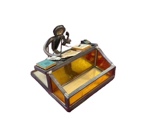 Vintage Amber Glass and Metal Figure Business Card Holder