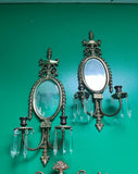 Pair of Vintage Brass and Crystal French Mirrored Candle Wall Sconces
