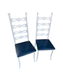 Pair of 1970s Italian Style White Metal Chairs With Navy Blue Leather Cushions