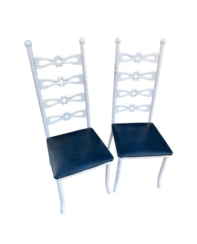Pair of 1970s Italian Style White Metal Chairs With Navy Blue Leather Cushions