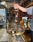 Vintage Wooden and Brass Captains Wheel Chandelier