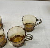 Amber Colored Glasses With Brass Handles and Greek Key Accents- Set of 4