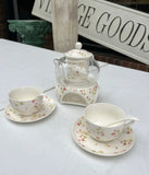 Glass and Ceramic Tea Set With Painted Pink Rose Details- Set of 9