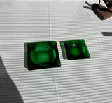 Pair of Stackable Green Glass Square Ashtrays