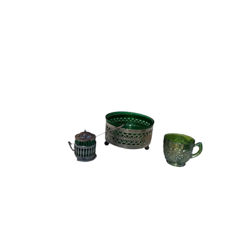 Trio of Green Glass and Silver Serving Pieces