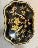 Vintage Asian Floral Black Lacquered Tray With Gold Accents