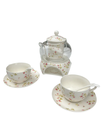 Glass and Ceramic Tea Set With Painted Pink Rose Details- Set of 9